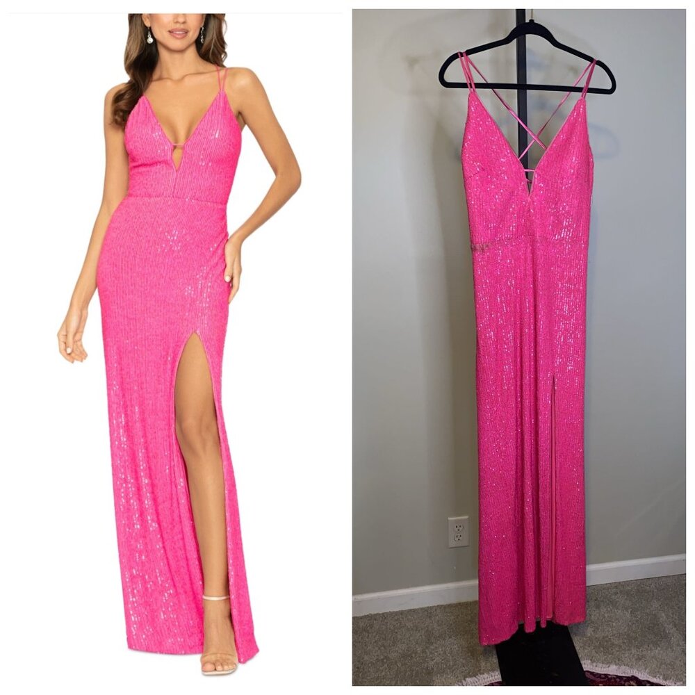 XSCAPE HOT PINK SEQUIN LONG DRESS WITH BOW ON THE BACK